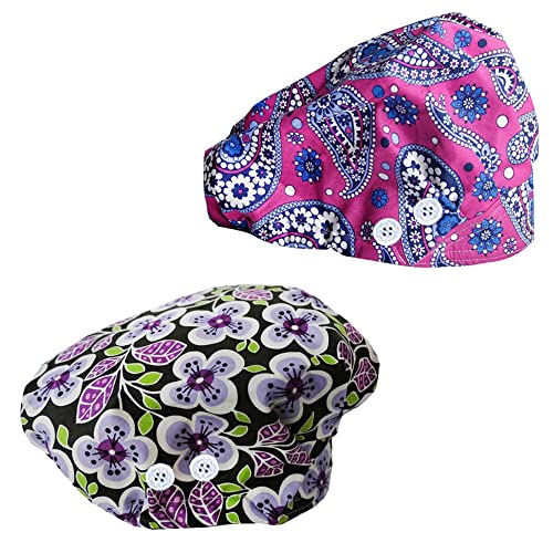 4Pcs Scrub Caps for Women Nurse Surgical Hats Adjustable Working Cap Satin-Lined Doctor Hat with Sweatband and Buttons - color: Multi Color D