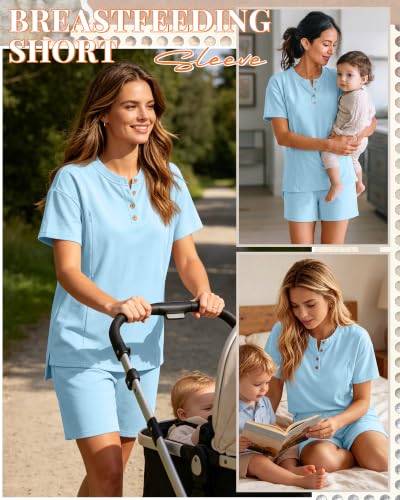Maternity Nursing Pajama Set - color: Light Blue, size: Large