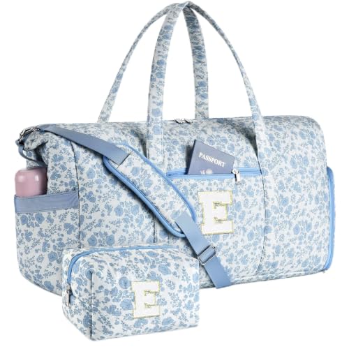 Personalized Quilted Duffle Bag for Travel Gym Weekender Hospital Carry On - color: Blue Flower, size: E