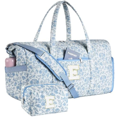 Personalized Quilted Duffle Bag for Travel Gym Weekender Hospital Carry On - color: Blue Flower, size: E