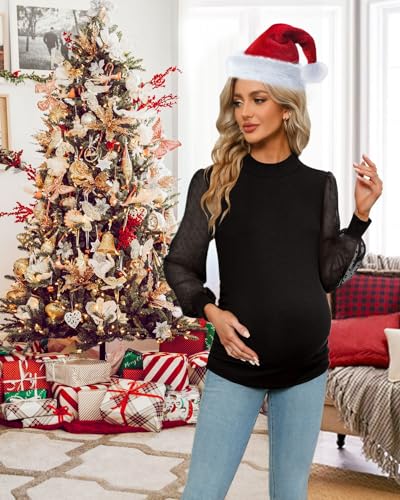 FMEYOA Women's Maternity Shirt Long Sleeve Top Mock Neck Blouse - color: Black, size: Medium