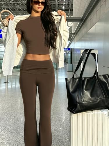 COPYLEAF Two Piece Lounge Sets for Women Fold Over Leggings Y2k Outfits - color: Brown, size: Large