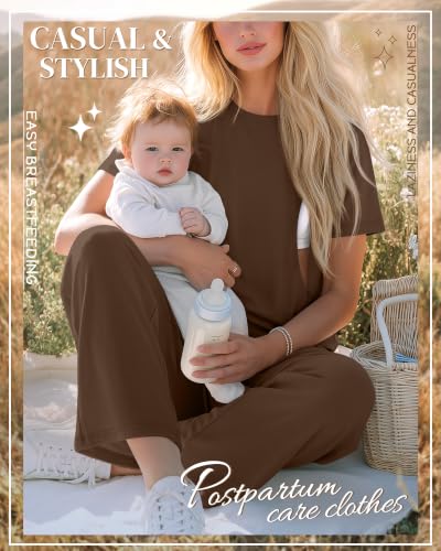 Ficerd 2 Pack Maternity Nursing Pajama Breastfeeding Sets Pjs - color: Brown, Black, size: Large