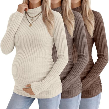 Neer 3 Pack Women's Maternity Mock Turtleneck Long Sleeve Tops - color: Apricot, Coffee, Brown, size: Medium