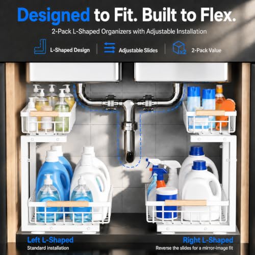 Under Sink Organizer 2 Pack, Double Slide Out Metal Shelf, White - color: White
