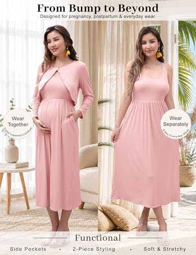 2 PCS Maternity Dress with Cardigan Set, Tank Maxi Pregnancy Dresses - color: Blush Pink, size: Small