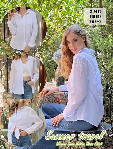 HOTOUCH Womens Button Down Shirts Linen Cotton Long Sleeve Blouse Loose Fit - color: A-white, size: Large