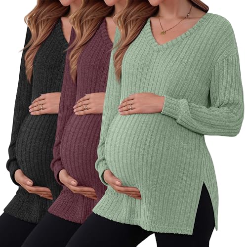 3 Pack Women Ribbed Maternity Sweaters Winter Clothes - color: Black, Burgundy, Light Green, size: Medium