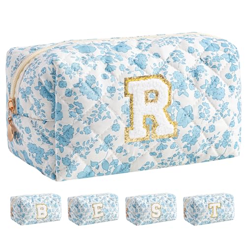 HBselect Personalized Makeup Bag for Women Initial Quilted Toiletry Bag - color: Blue Flower, size: R