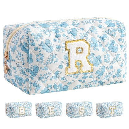 HBselect Personalized Makeup Bag for Women Initial Quilted Toiletry Bag - color: Blue Flower, size: R