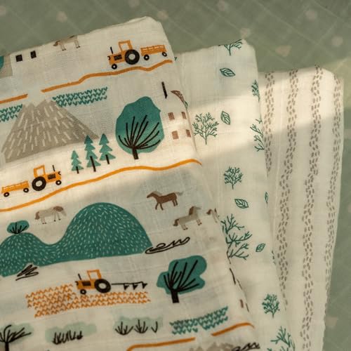 Muslin Swaddle Blankets for Newborn, Cotton Receiving Blanket - color: Light Blue Farm Country