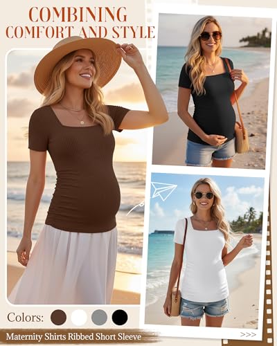 Huukeay 4 Pack Women's Short Sleeve Maternity Shirts - color: Black, Heather Gray, White, Brown, size: Small
