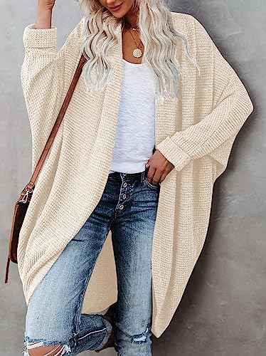 Womens Open Front Knit Cardigan Long Batwing Sleeve Oversized Sweater Chunky Waffle Cable Boho Pockets Coat - color: Beige White, size: X-Large