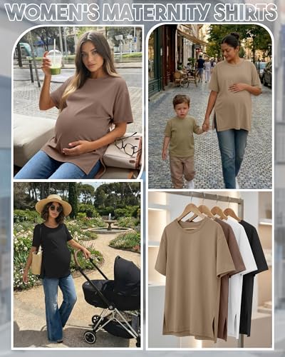 Riyiper 4 Pack Women's Short Sleeve Maternity T Shirts - color: Black, White, Coffee, Khaki, size: Medium