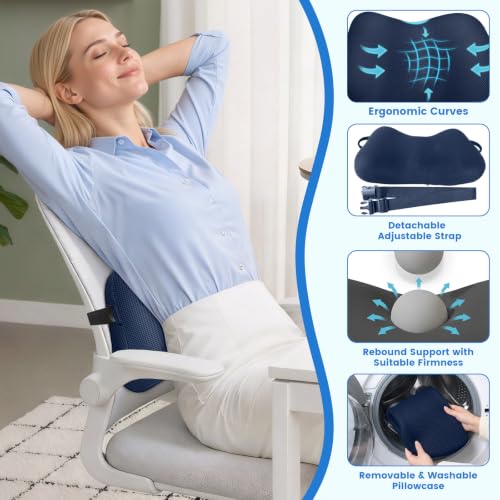 Lumbar Support Pillow, Memory Foam Back Cushion for Office Chair Car, Blue - color: Navy Blue