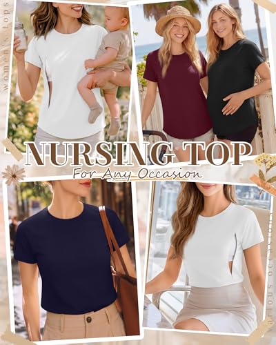 Huukeay 4 Pack Women's Nursing Breastfeeding T-Shirts - color: Wine Red, Navy Blue, White, Black, size: X-Large