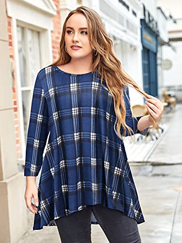 LARACE Womens Plus Size 3/4 Sleeve High Low Swing Tunic Tops - color: 1-navyblue_plaid, size: Large