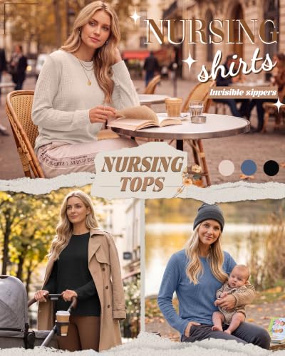 Neer 3 Pack Women's Nursing Hidden Zipper Long Sleeve Shirts - color: Cream, Haze Blue, Black, size: Medium