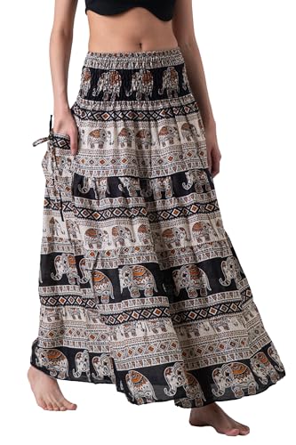Long Skirts Tiered Maxi Boho Skirt - color: Hippie Elephant Black, size: Large-X-Large