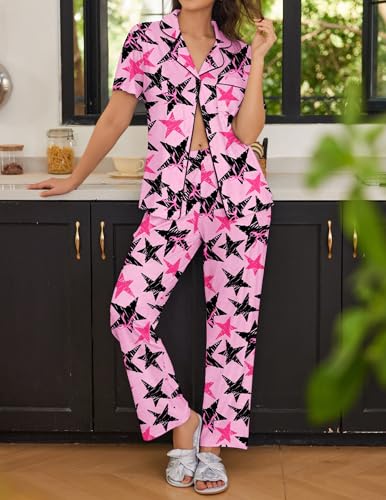 Ekouaer Womens Pajamas Set Short Sleeve Button Down Top & Pants Lounge Pjs - color: Five-pointed Star, size: Large