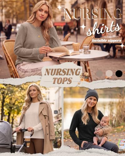Neer 3 Pack Women's Nursing Hidden Zipper Long Sleeve Shirts - color: Khaki, Cream, Army Green, size: Large