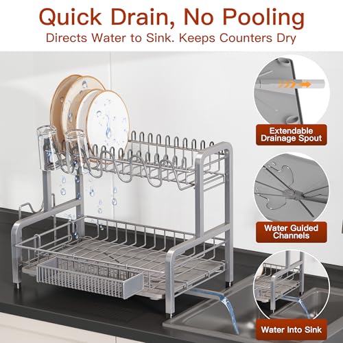 BOOSINY 2 Tier Large Stainless Steel Dish Drying Rack for Kitchen Counter - color: Silver, size: 12.4" D x 17.1" W x 14.2" H