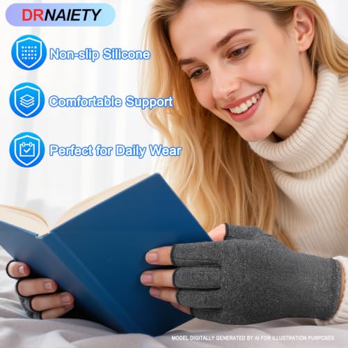 DRNAIETY 2-Pair Arthritis Compression Gloves for Hand Arthritis, Fingerless - color: Grey, size: Large