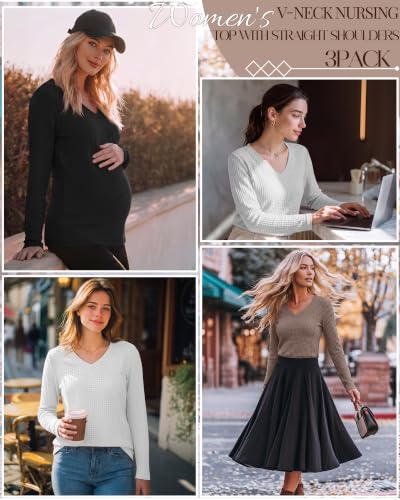Huukeay 3 Pack Women's Waffle Knit Nursing Shirts - color: Coffee, White, Black, size: Small