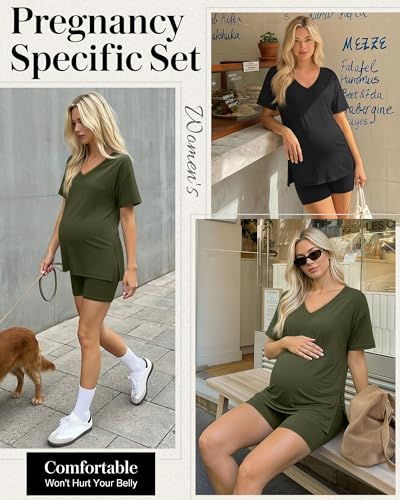 2 Pack Women Maternity Set Pregnancy Outfit - color: Army Green, Black, size: Medium