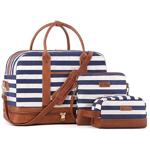 Weekender Bag for Women Canvas Overnight Bag Large Travel Tote Bag Carry on Shoulder Duffle Bag With Shoe Compartment,Perfect for Travel/Daily Use/Birthday Gift … - color: Blue&white-1pcs