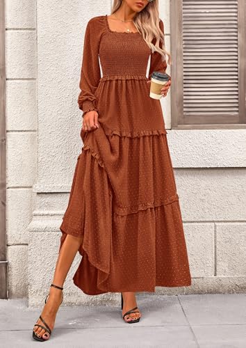 PRETTYGARDEN Women's Smocked Long Sleeve Maxi Dress Wedding Guest Dresses - color: Brown, size: Medium