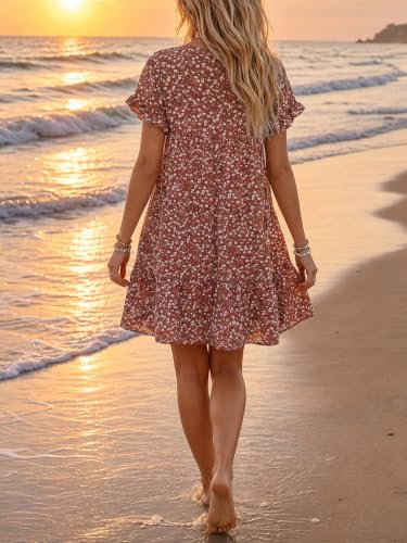Womens Babydoll Dress Summer Boho Print Ruffles Loose Flowy Mini Dress - color: Brick Red, size: Medium