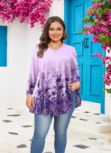 Plus Size Tops Womens Swing Tunic 3/4 Sleeve Flowy Long Blouses - color: Lavender Tunic Tops, size: 6X-Large