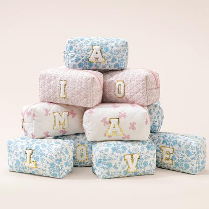 HBselect Personalized Makeup Bag for Women Initial Quilted Toiletry Bag - color: Blue Flower, size: G