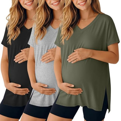 Ficerd 3 Pack Women's Maternity Shirts - color: Black, Light Gray, Army Green, size: Small