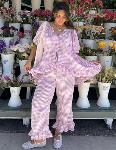 COZYPOIN 100% Cotton Pajamas for Women Set Cute Gingham Lounge Set - color: Pink, size: Large