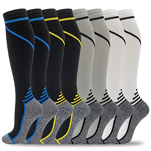 fenglaoda 8 Pairs Compression Socks for Men & Women 20-30 mmHg Knee High Nurse Pregnant Running Medical and Travel Athletic - color: 00-8 pairs-blue/yellow/grey/white line-NEW, size: Large-X-Large