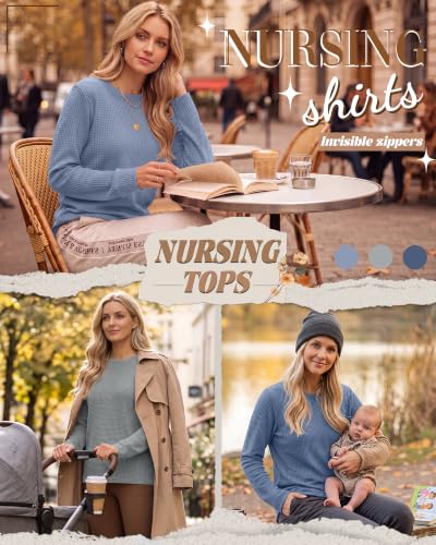 Neer 3 Pack Women's Nursing Hidden Zipper Long Sleeve Shirts - color: Light Blue, Light Gray, Haze Blue, size: Medium