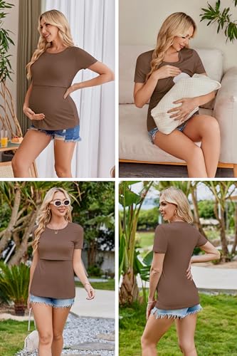 Ekouaer Nursing Tops 3 Pack Short Sleeve Maternity Breastfeeding Shirts - color: 3pcs Black / Brown / White, size: Medium
