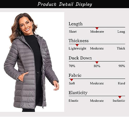 Obosoyo Women's Winter Packable Down Jacket Plus Size Ultralight Long Down Outerwear Puffer Jacket Hooded Coat - color: Darkgrey, size: Large