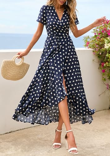 PRETTYGARDEN Women's Boho Floral Summer Maxi Dresses - color: Dot Navy White, size: X-Small