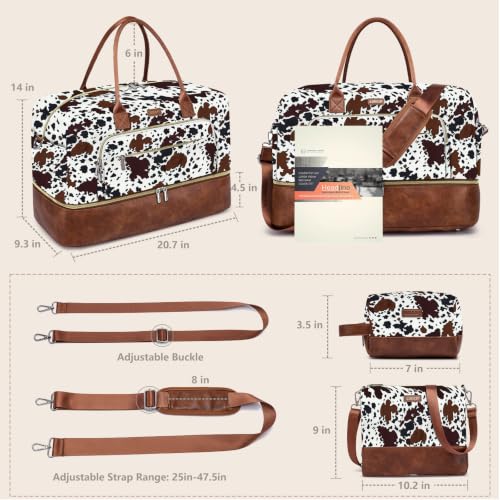 Large Women Travel Weekender Bag: Carry on Duffle with Shoe Compartment - color: Brown Cow Print