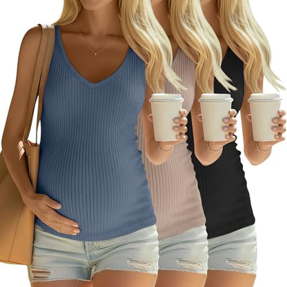 3 Pack Maternity Tank Tops Ribbed V Neck - color: Haze Blue, Khaki, Black, size: Medium