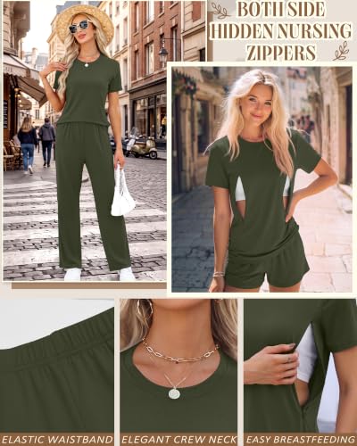 3 Piece Maternity Nursing Pajamas Set - color: Army Green, size: XX-Large