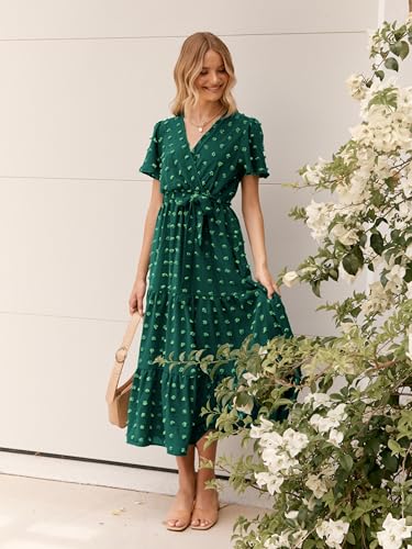 MASCOMODA Womens Summer Swiss Dot Maxi Dresses Wrap Boho Floral Long Dress - color: Dark Green, size: X-Large