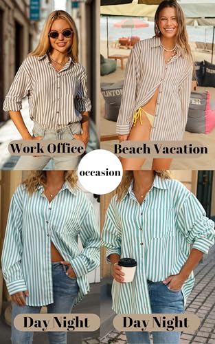 CHYRII Women's Striped Button Down Long Sleeve Blouse - color: Green, size: XX-Large
