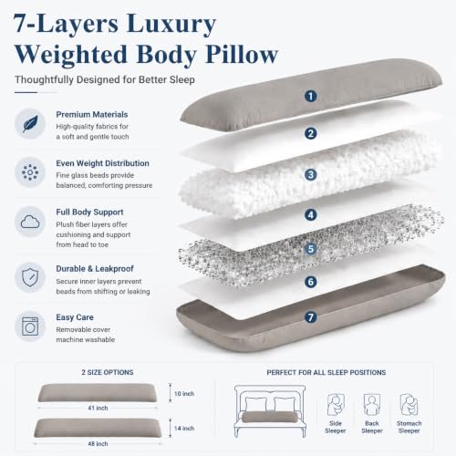 YZ HOME Weighted Body Pillow 6.5lbs Cooling Body Pillow (41" x 10") - color: Grey (6.5 Lbs)