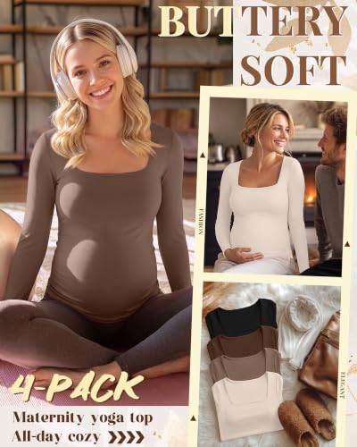 4 Pcs Womens Maternity Long Sleeve Square Neck Shirts - color: Beige, Coffee, Brown, Black, size: Medium