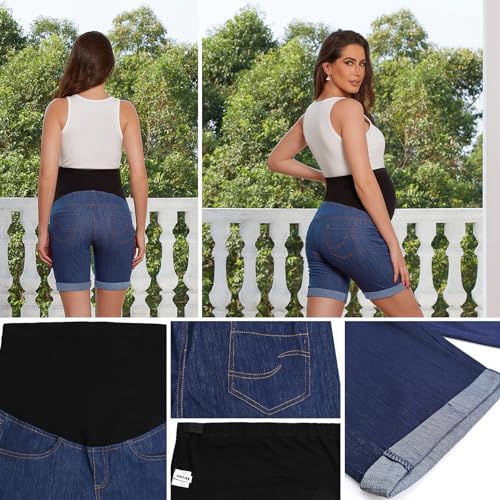 Bhome Maternity Bermuda Denim Jean Shorts Over the Belly Full Panel Casual Pregnancy Short Pants - size: X-Large