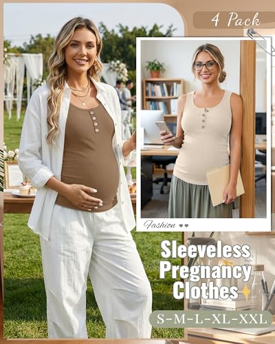 4 Pack Maternity Henley Tank Tops - color: Apricot, Light Coffee, White, Black, size: Large